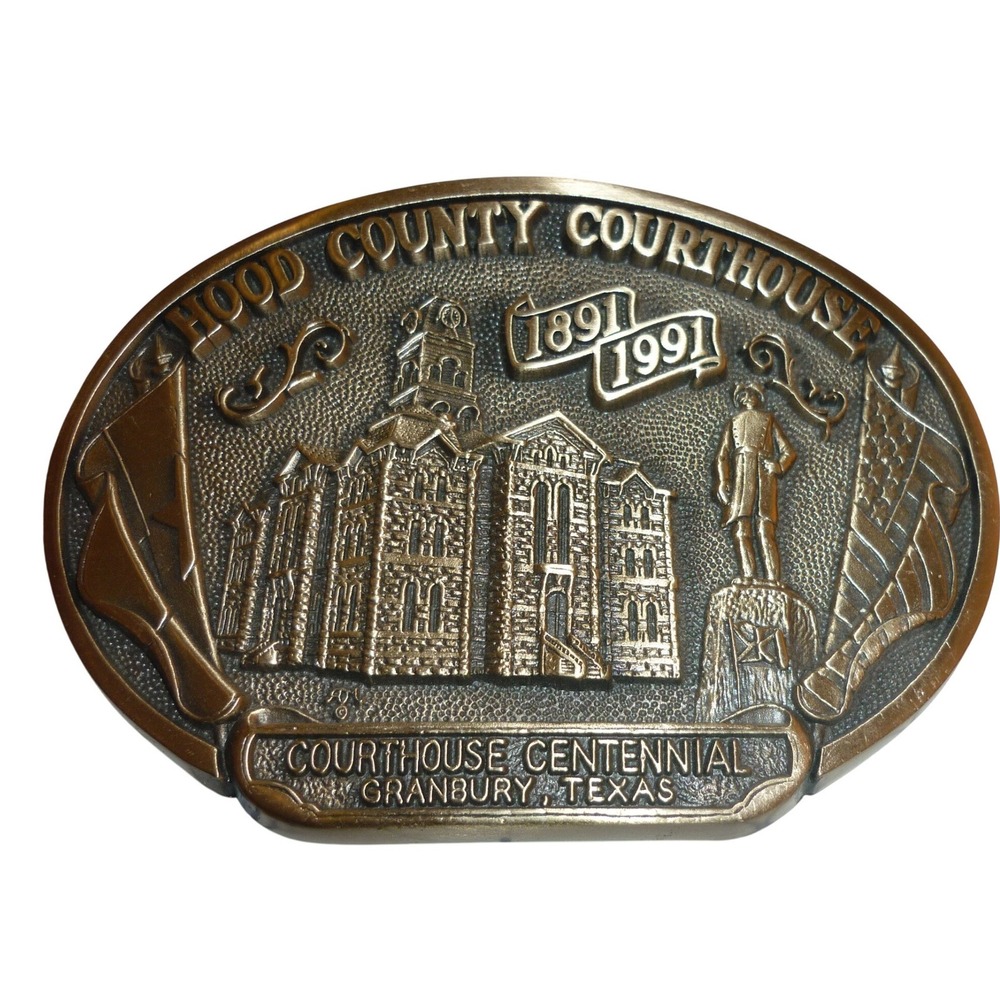 Hood County Courthouse Centennial Belt Buckle 1991 Solid Brass Granbury TX